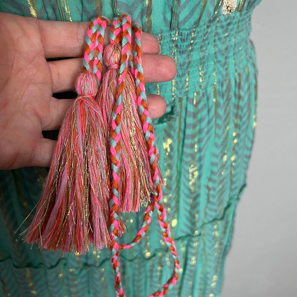 Venus Strapless Dress M/L Womens Bohemian Maxi Metallic Gold Teal Tassel Hippie - Picture 8 of 12